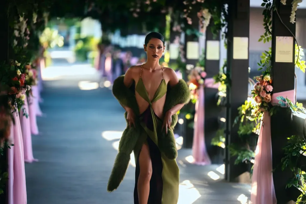 Maddy in a green cutout dress with a matching fur stole.