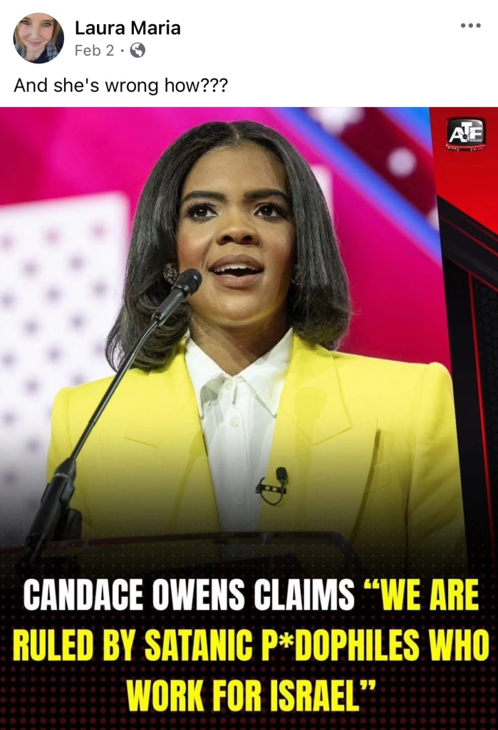 A Facebook post by Laura Maria Pinho showing Candace Owens speaking at a podium, with text that reads: 