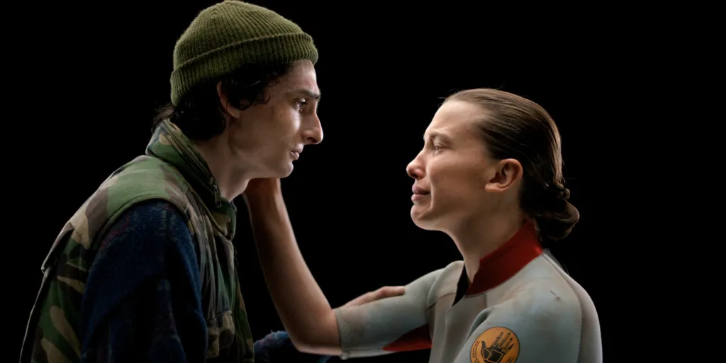 Finn Wolfhard and Millie Bobby Brown crying face to face from the TV series 