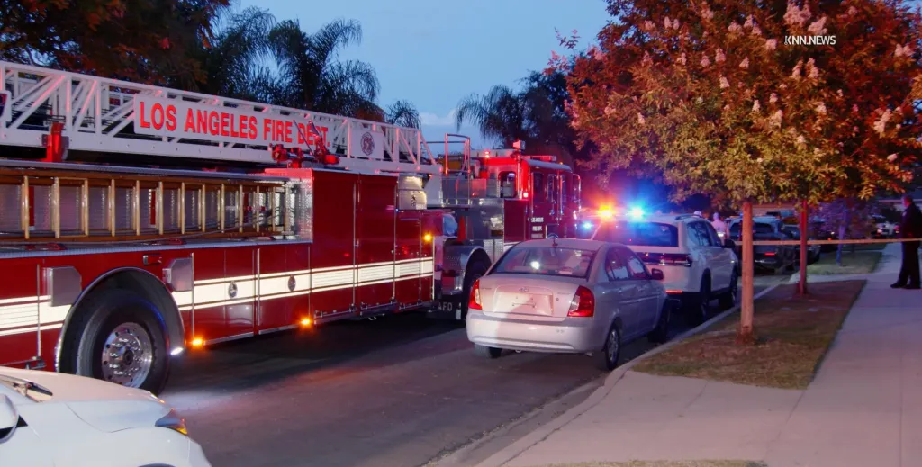 Firetrucks and police cars at a North Hills crime scene.