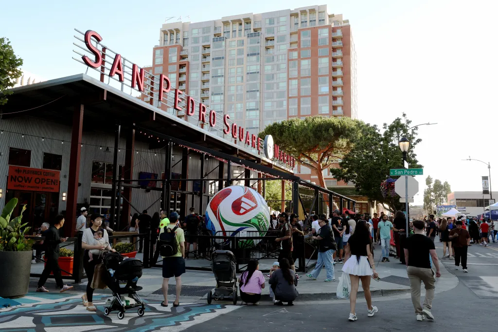 Football fans gather to watch USA and Paraguay at San Pedro Square for a FIFA World Cup watch party on June 12, 2026 in San Jose, California.