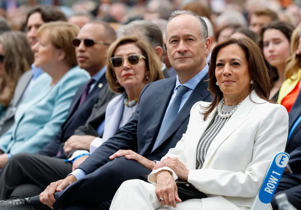 Former Vice President Kamala Harris, House Minority Leader Hakeem Jeffries, former Speaker of the House Nancy Pelosi and Doug Emhoff attend the opening of the Barack Obama Presidential Center on June 18, 2026.