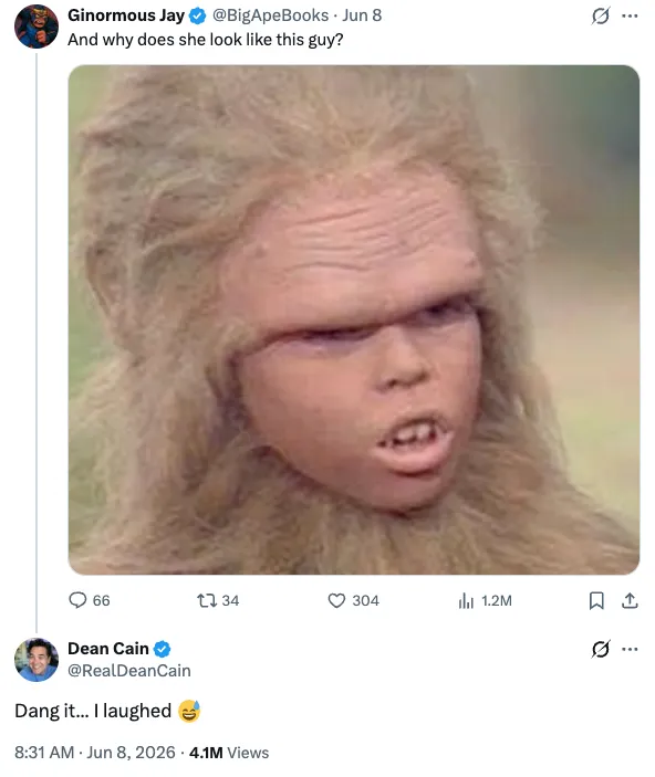 Screenshot of a tweet by @BigApeBooks showing a meme image of a character with shaggy hair and prominent forehead, which Dean Cain then retweeted saying