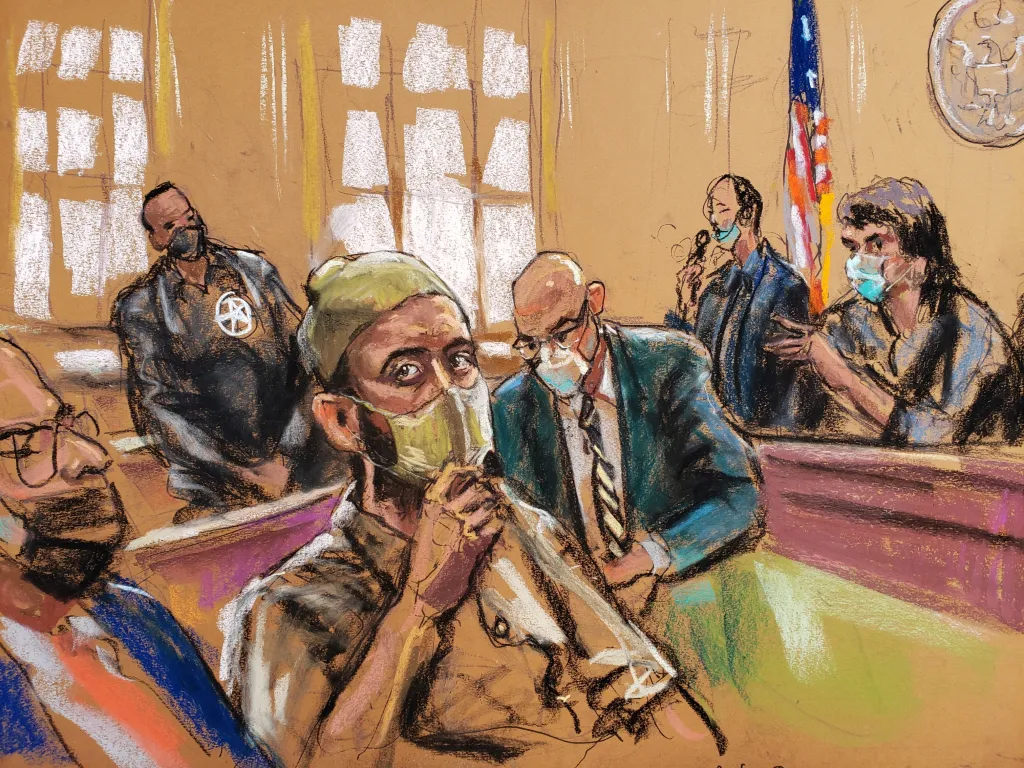 Illustration of former Taliban commander Haji Najibullah in a courtroom wearing a mask, with other masked individuals in the background and an American flag.
