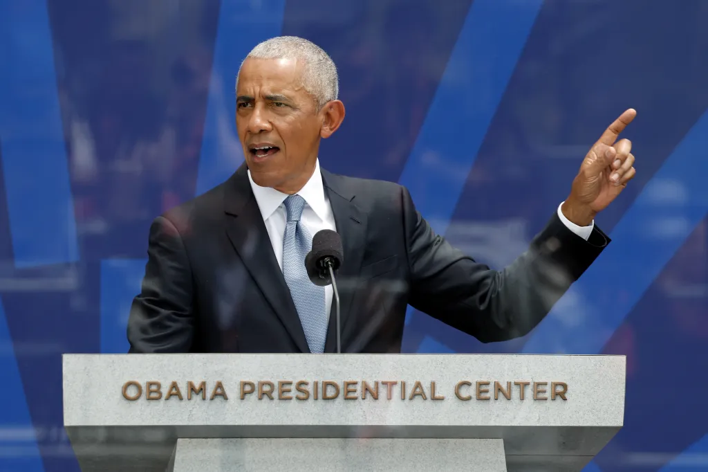 Former U.S. President Barack Obama speaks at the dedication ceremony for the opening of the Barack Obama Presidential Center.