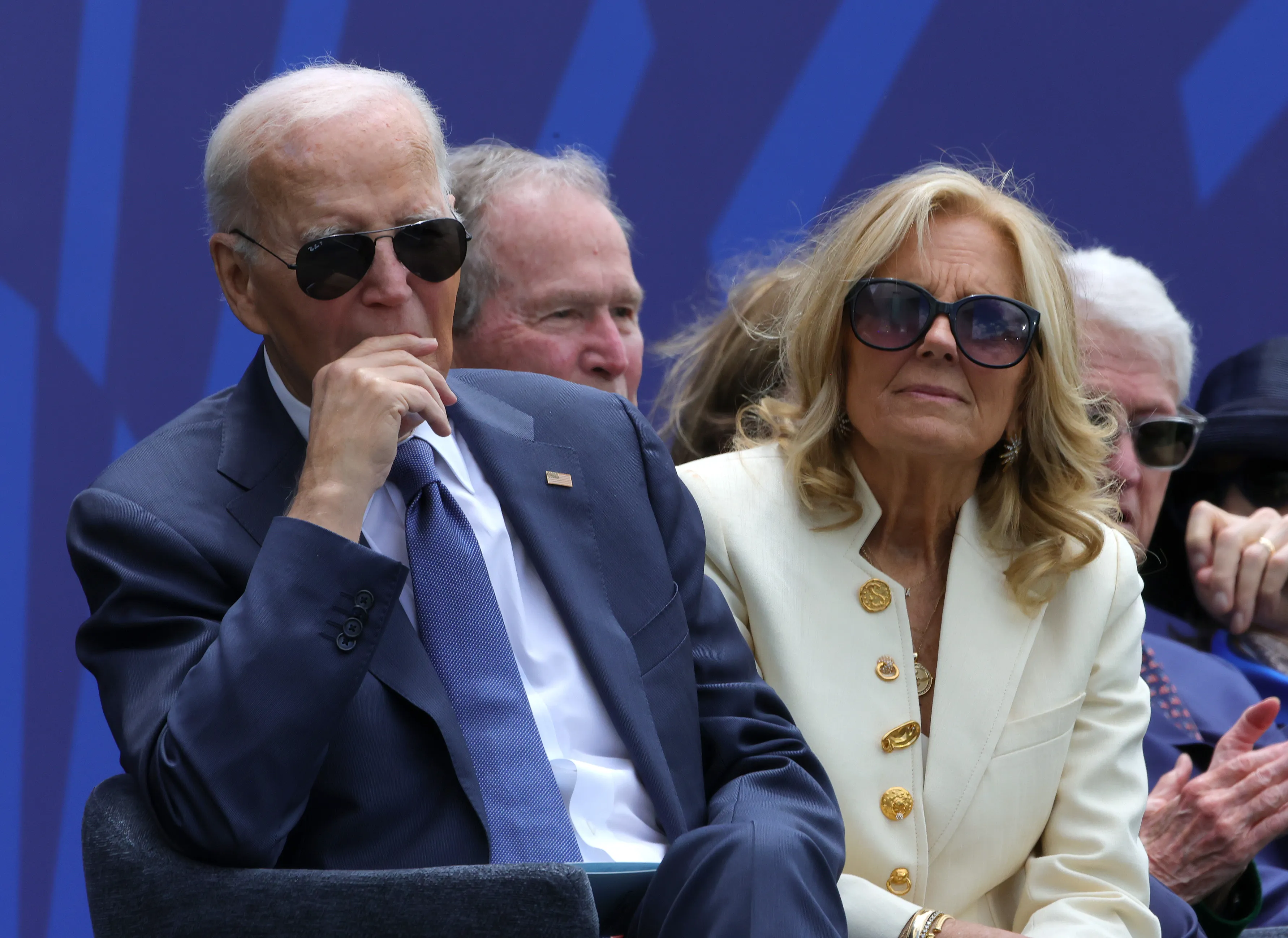 Former U.S. President Joe Biden and Former first lady Jill Biden look on during the dedication ceremony for the opening of the Barack Obama Presidential Center in John Lewis Plaza on June 18, 2026 in Chicago, Illinois