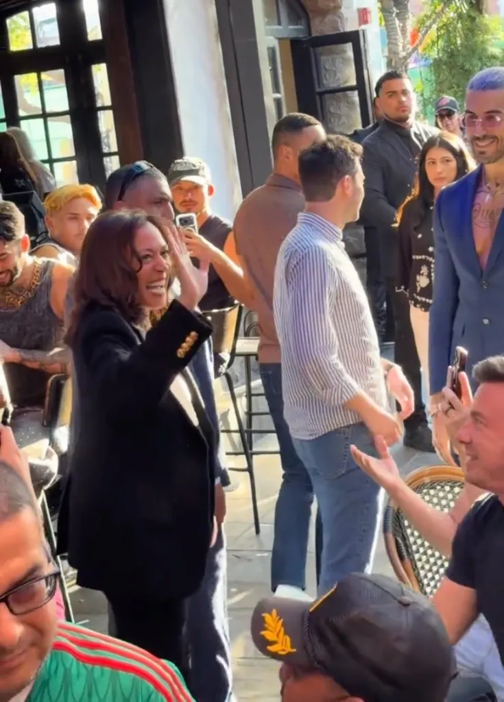 Former Vice President Kamala Harris waving at people in a crowded outdoor area.