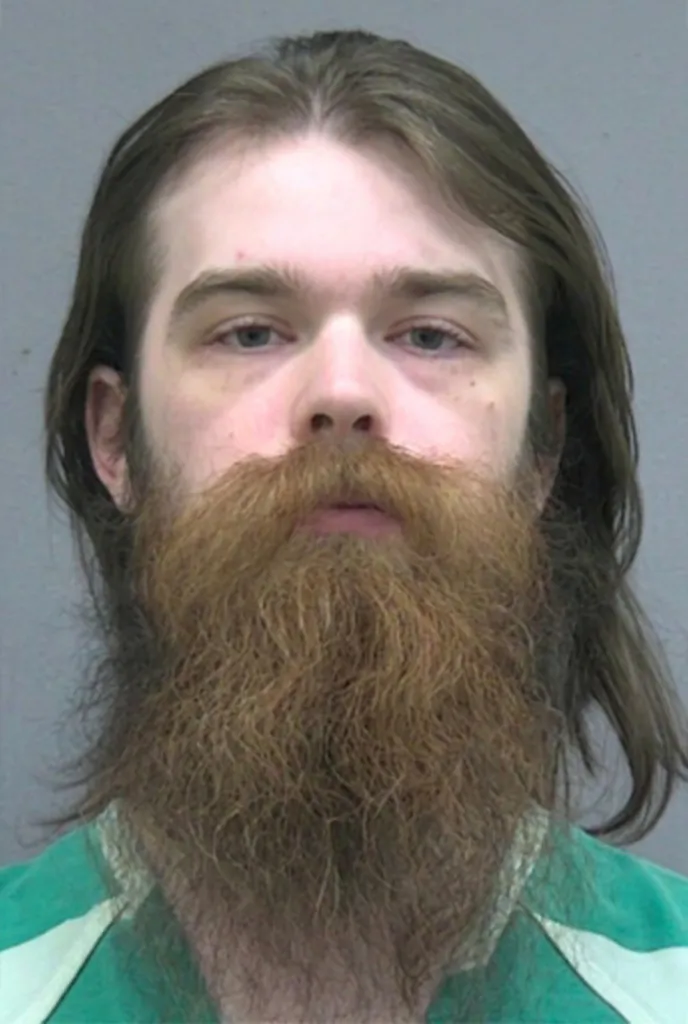 Mugshot of Forrest Kendall Pemberton, a man with long brown hair and a thick brown beard, wearing a green and white striped shirt.