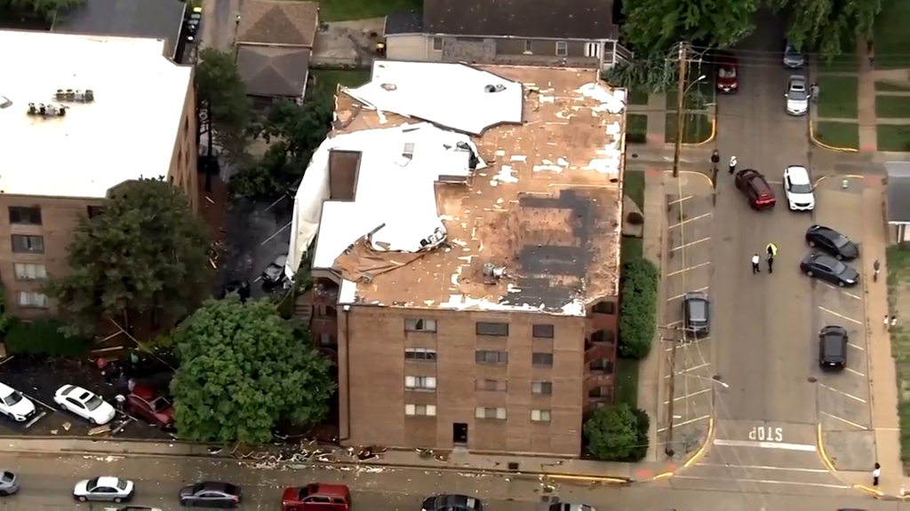 a building in Stickney, Illinois, after its roof was damaged by the severe storms that struck the Chicago area on Wednesday, June 10, 2026.