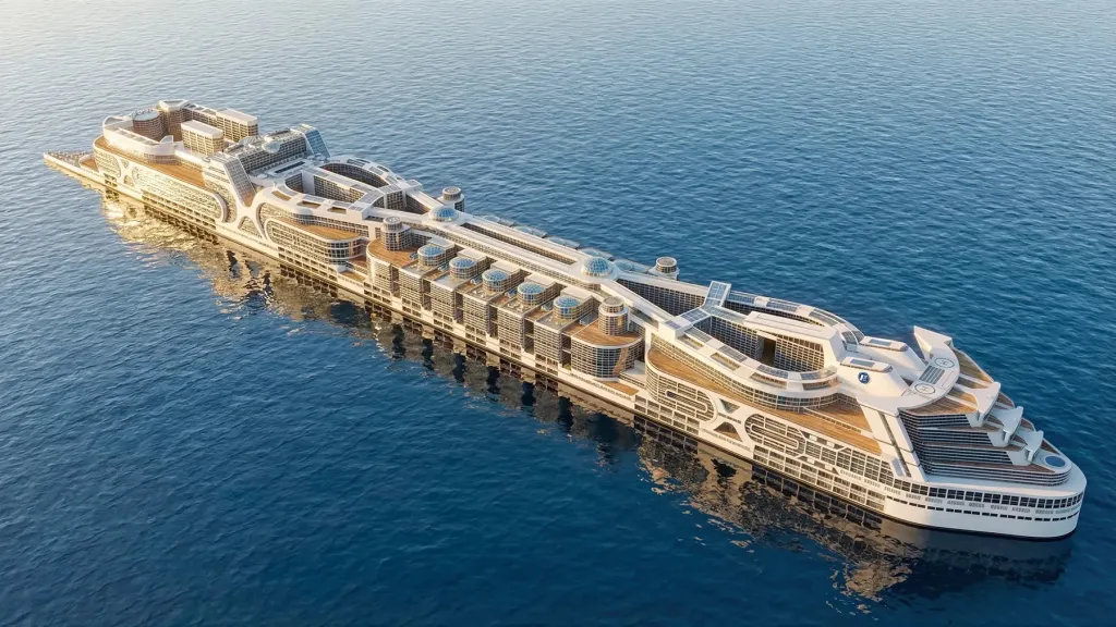 Illustration of the Freedom Ship, a massive floating city designed to carry 80,000 people.