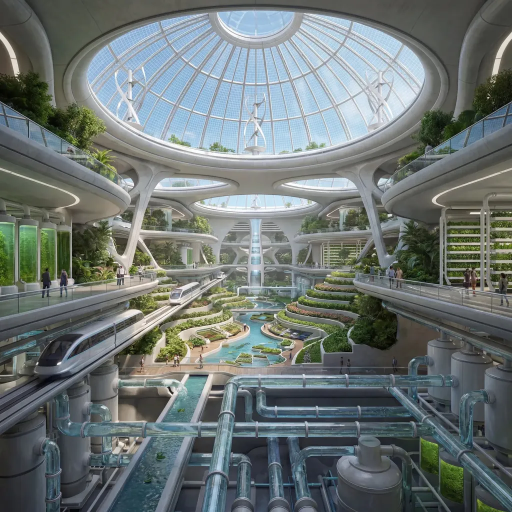 Illustration of a futuristic floating city with multiple levels of greenery, buildings, and transportation, including a monorail.