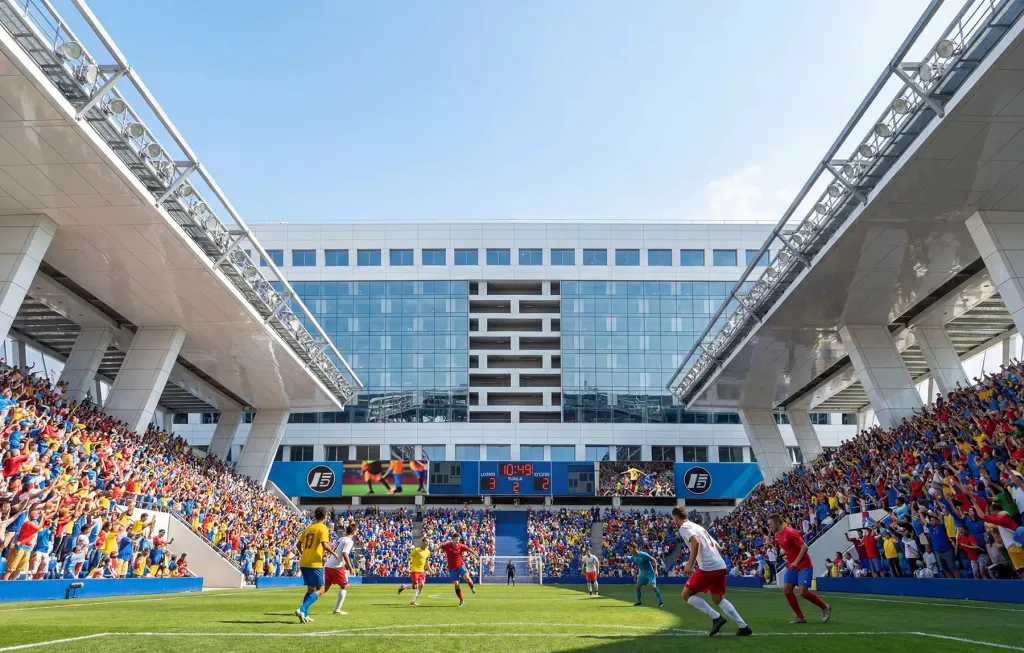 A soccer match in a modern stadium with a large crowd and an office building behind it.