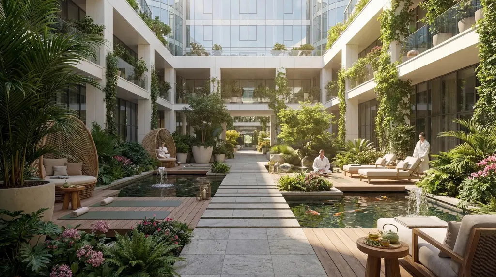 Illustration of people in white robes relaxing in a courtyard with lush greenery, ponds, and modern architecture.