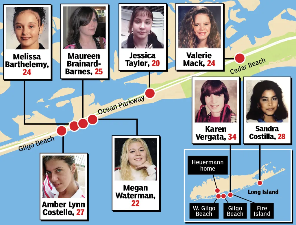 Map showing the locations where victims' remains were found near Gilgo Beach, Long Island, with their photos and names.