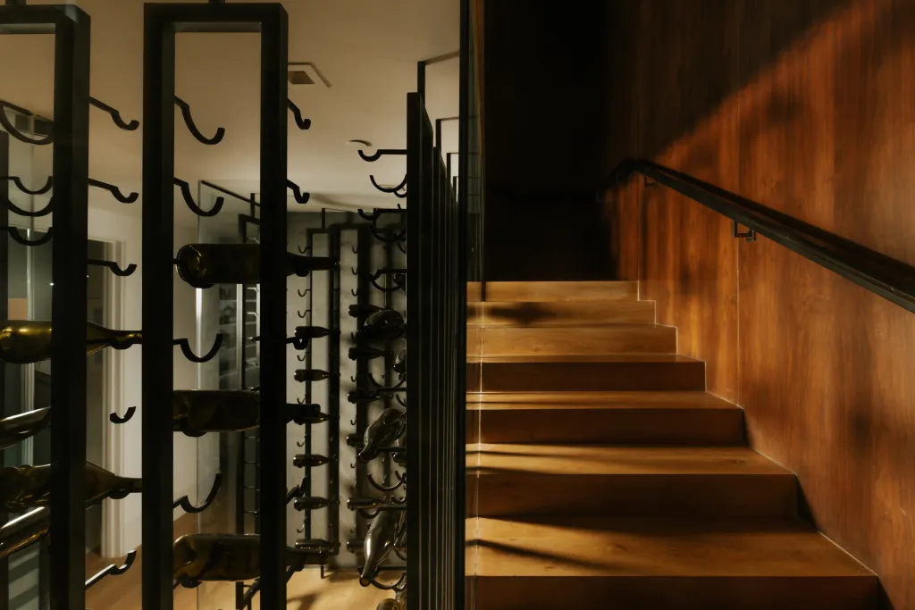 Stairs lead to the wine cellar