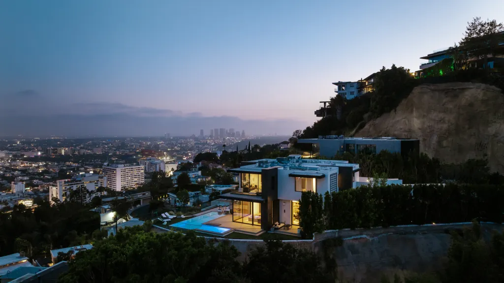 The nighttime view from the Hollywood Hills home