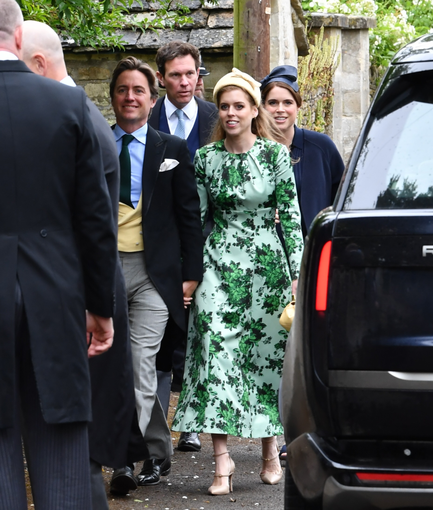 Princess Beatrice, Princess Eugenie, Edoardo Mapelli Mozzi, and Jack Brooksbank arrive at a wedding in Gloucestershire.