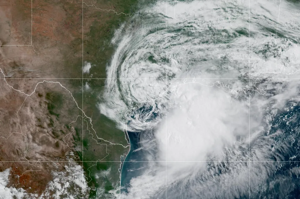 GOES-19 GeoColor satellite image of Tropical Storm Arthur along the Gulf coast of Texas.
