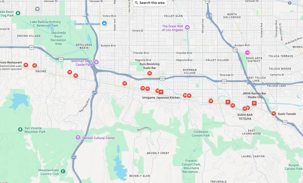 Google Map view of sushi restaurants on Ventura Blvd in Studio City.