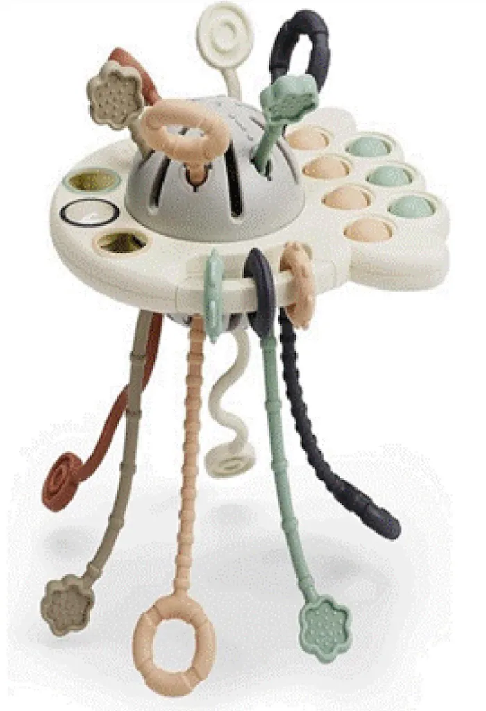 GOPO Toys pull-string teething toy with a light-colored circular base and various colored pull strings.