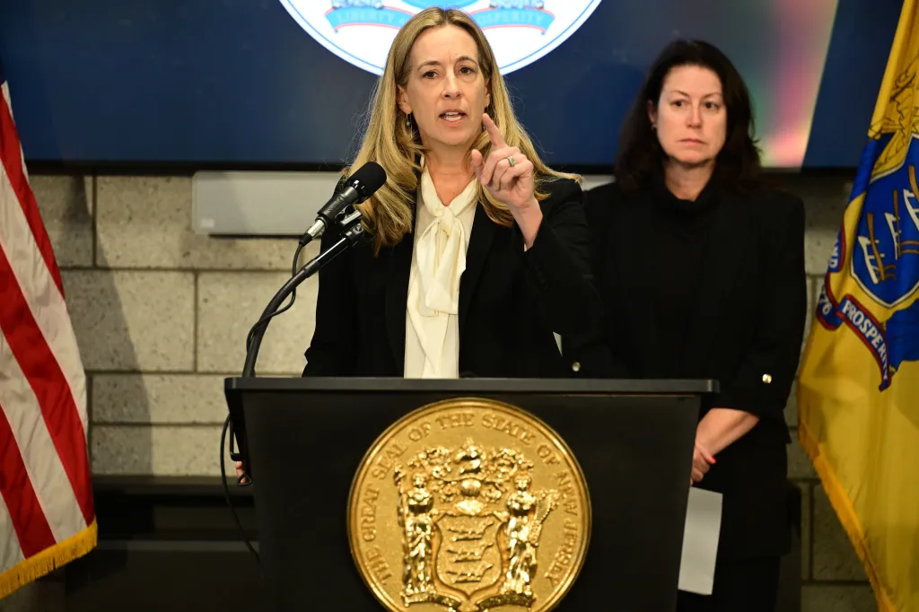 Governor Mikie Sherrill speaks on demonstrations and law enforcement activity at Delaney Hall Immigration Detention Center, Newark, New Jersey, on May 31, 2026.