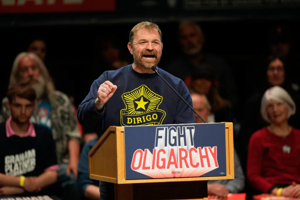 Democratic candidate Graham Platner speaks at an event.