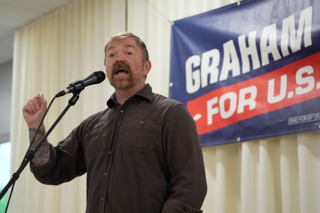 Graham Platner, Democratic candidate for U.S. Senate, speaking at a campaign event in Portland, Maine.