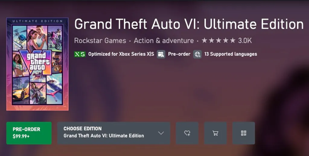 Grand Theft Auto VI: Ultimate Edition game page on an Xbox Store.