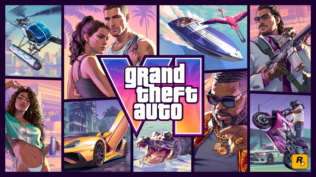 Illustration of the Grand Theft Auto VI cover art collage, featuring various characters and scenes from the game.