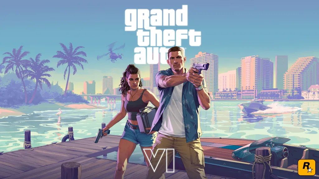 Illustration of Grand Theft Auto VI game art featuring two characters on a dock with firearms, a city skyline, and a police boat.