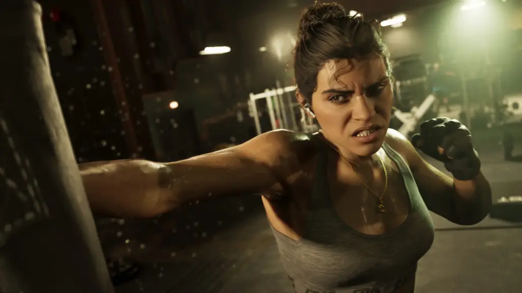 Illustration of a woman punching a sandbag in a gym.