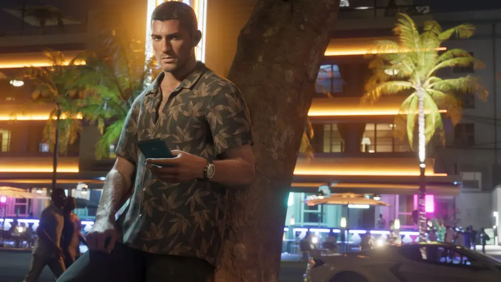 Illustration of a man in a Hawaiian shirt holding a phone, leaning against a tree at night, with palm trees and a neon-lit bar in the background.