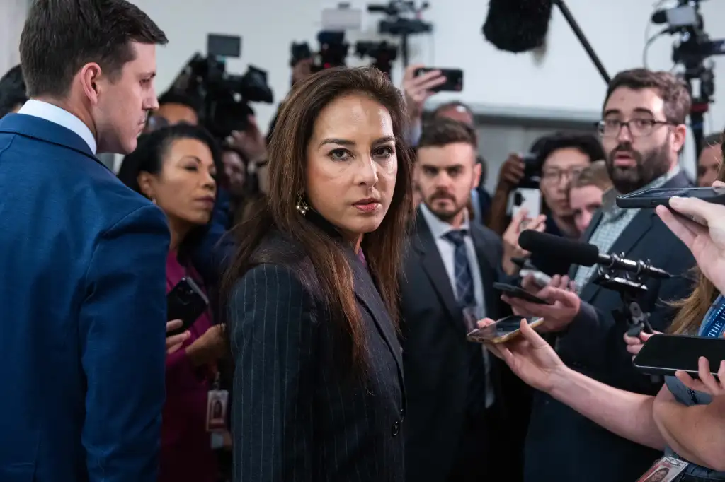 Harmeet Dhillon speaks with reporters after a House Oversight Committee deposition.