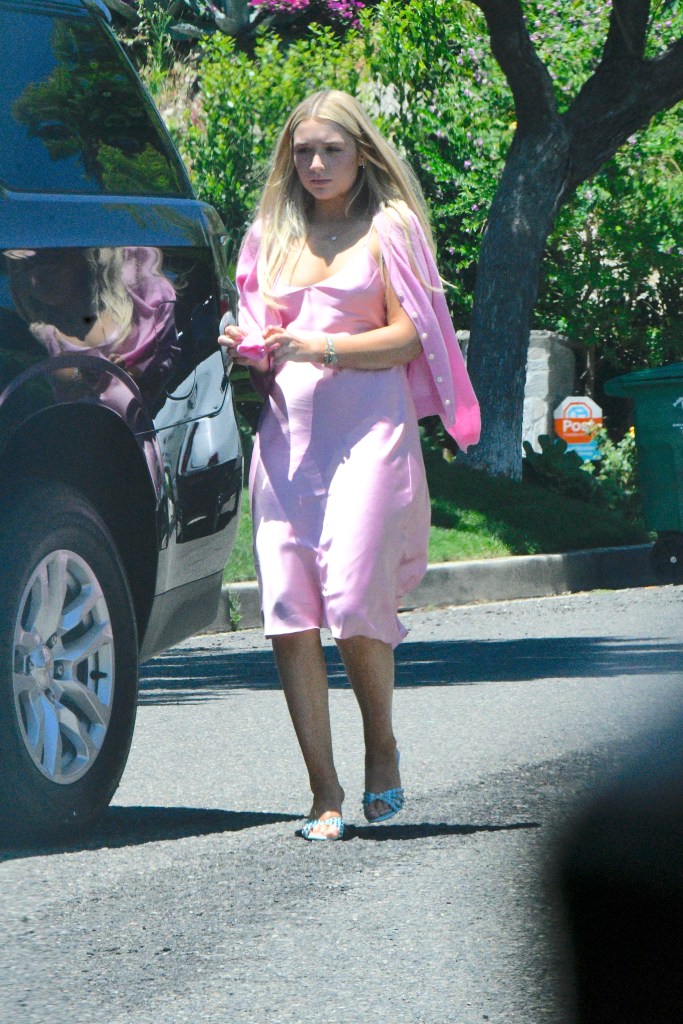 Harper Beckham walking near a dark car, wearing a pink dress and cardigan.