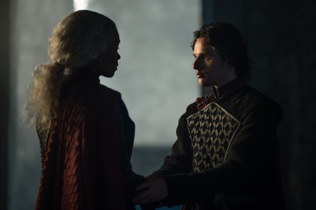 Harry Collett as Jacaerys Velaryon with a woman in 