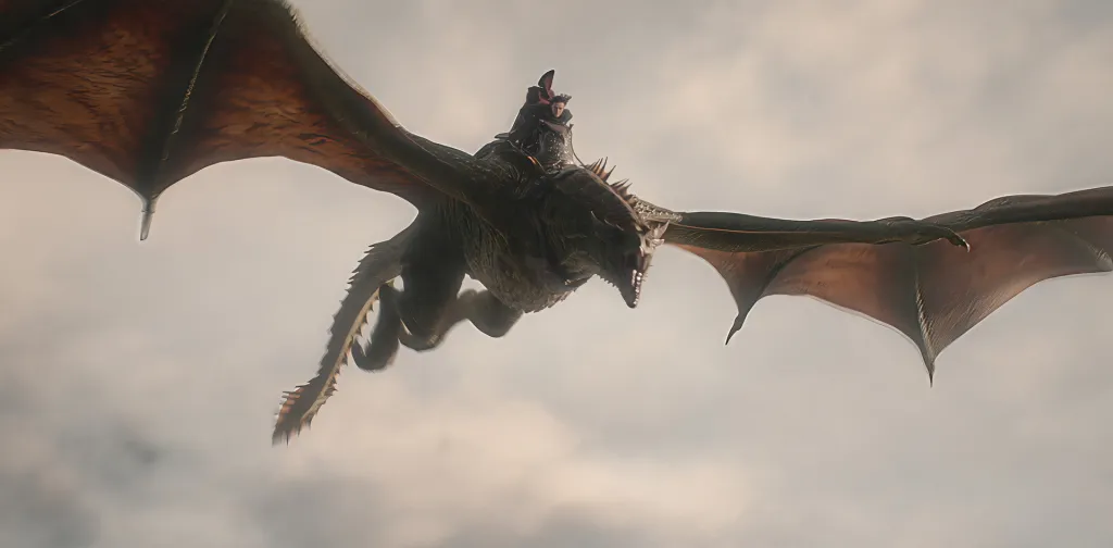 Illustration of a rider on a dragon flying through the air.