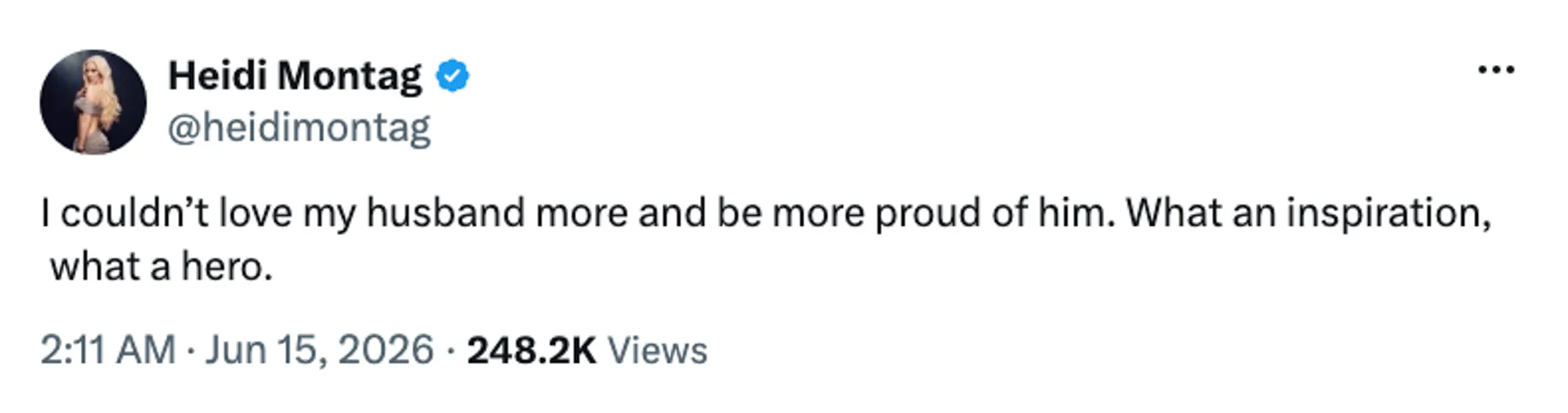 Heidi Montag's tweet expressing love and pride for her husband, calling him an inspiration and a hero.