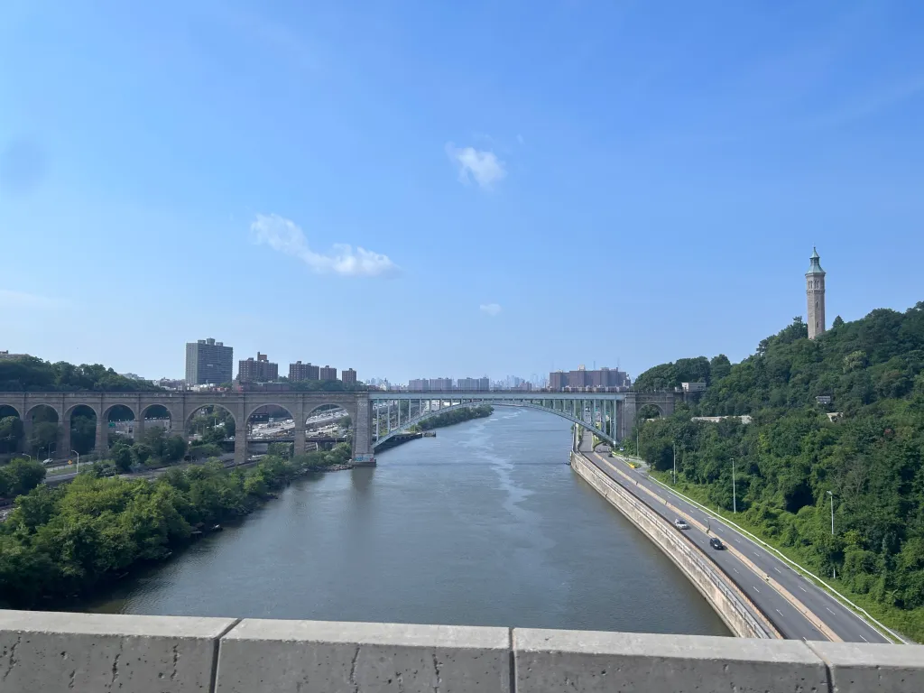 The High Bridge over the Harlem River, looking north towards the Bronx with the Hope Center tower visible on the right.