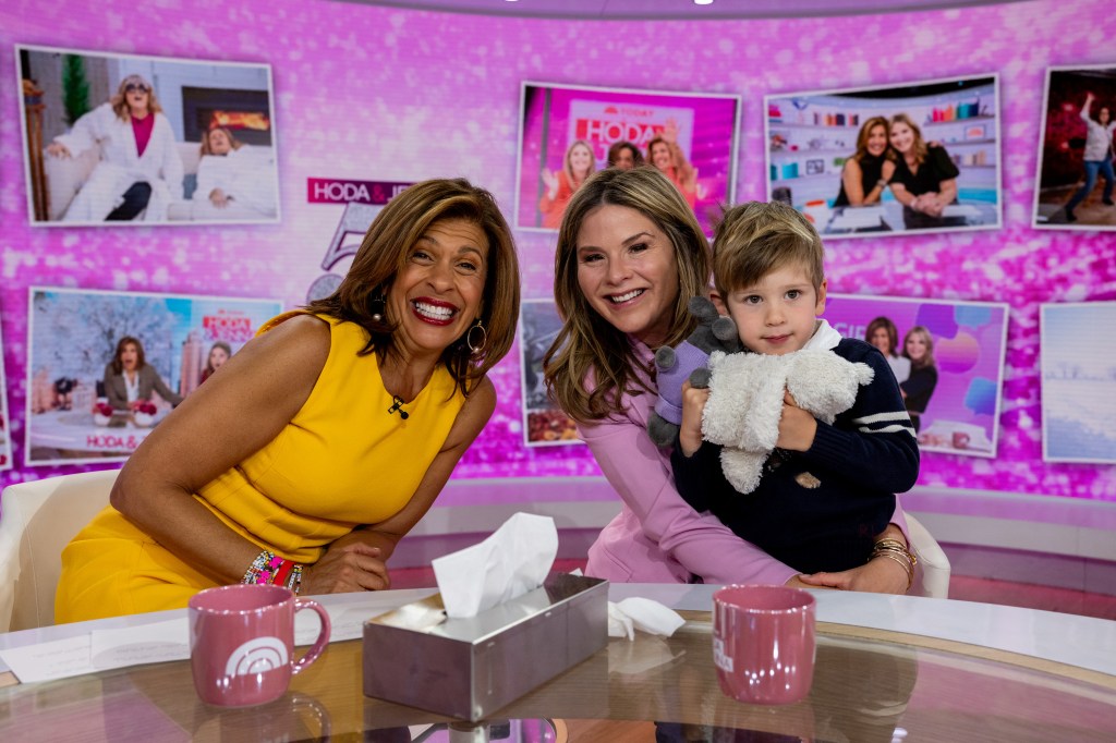 Hoda Kotb, in a yellow dress, Jenna Bush Hager, in a pink top, and Hal Hager, in a blue sweater, on Today.