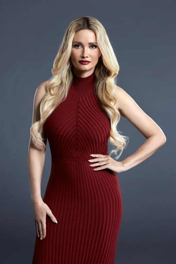 Holly Madison posing in a fitted red dress.