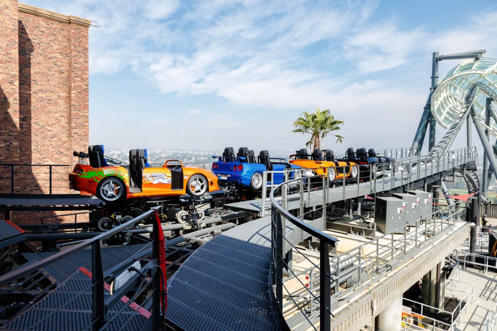 Fast & Furious: Hollywood Drift roller coaster cars at Universal Studios Hollywood.