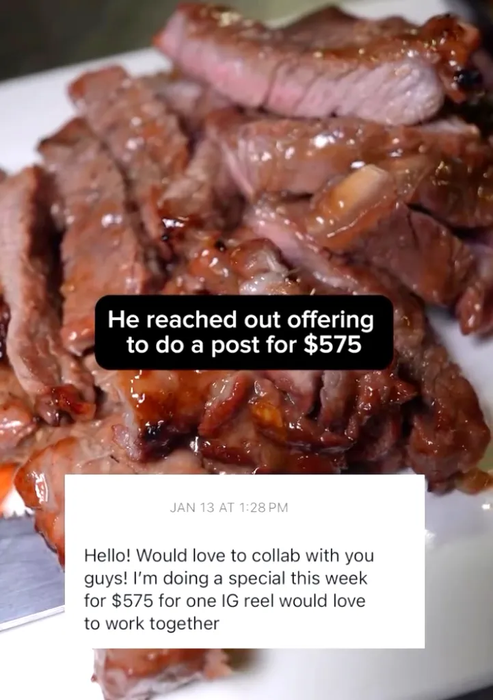 Slices of cooked meat and text overlays: 