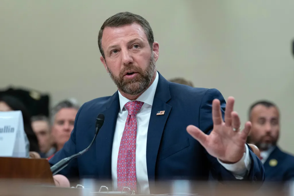 Homeland Security Secretary Markwayne Mullin testifies at a hearing.