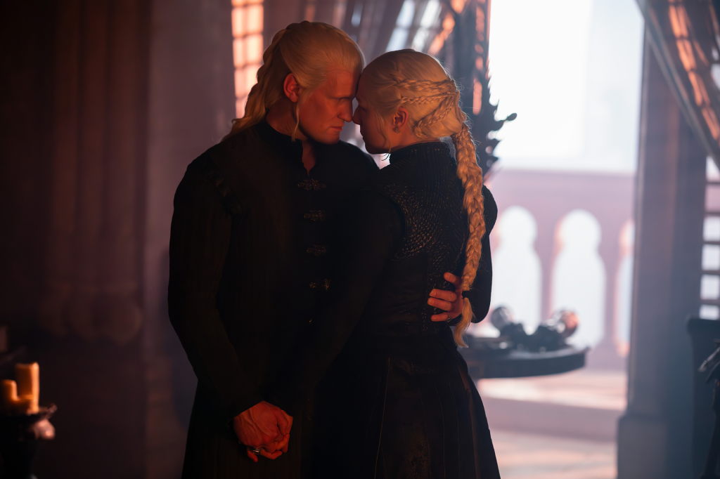 Emma D'Arcy as Rhaenyra Targaryen and Matt Smith as Daemon Targaryen, head to head, looking at each other, from House of the Dragon.