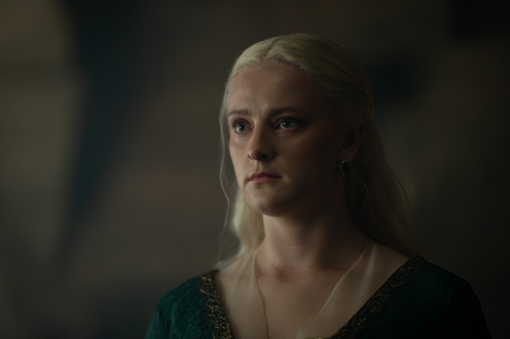Phia Saban as Princess Helaena Targaryen from House of the Dragon, looking up and to the right.