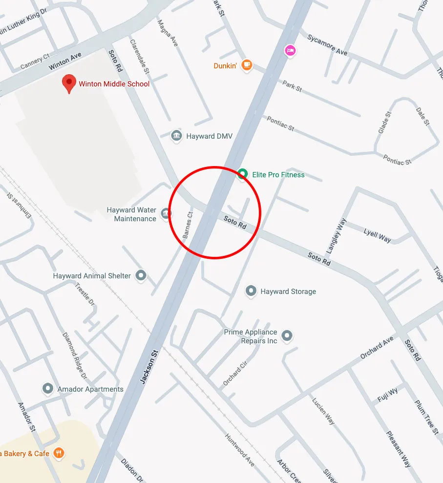 Map showing Soto Rd. and surrounding streets, with a red circle highlighting an area along Soto Rd.