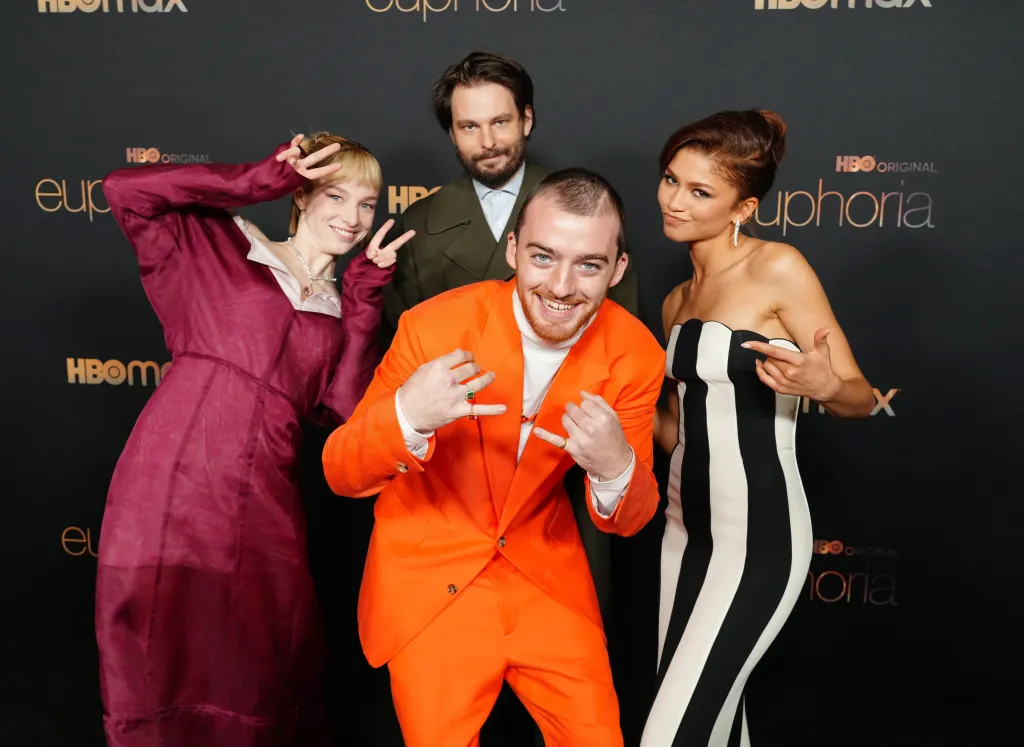 Hunter Schafer, Sam Levinson, Angus Cloud, and Zendaya pose at the 