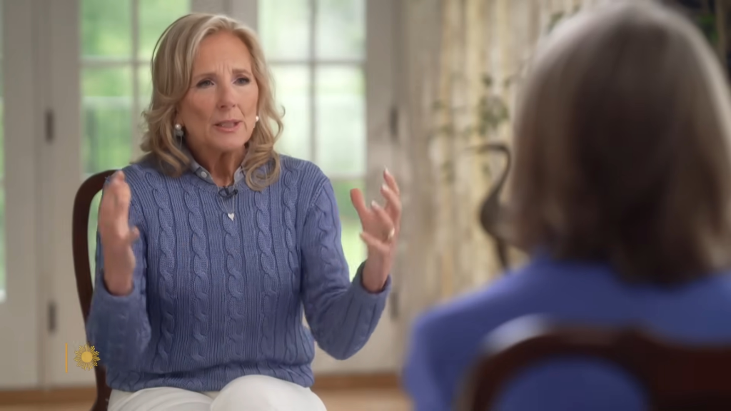 Jill Biden in an interview, gesturing with her hands.