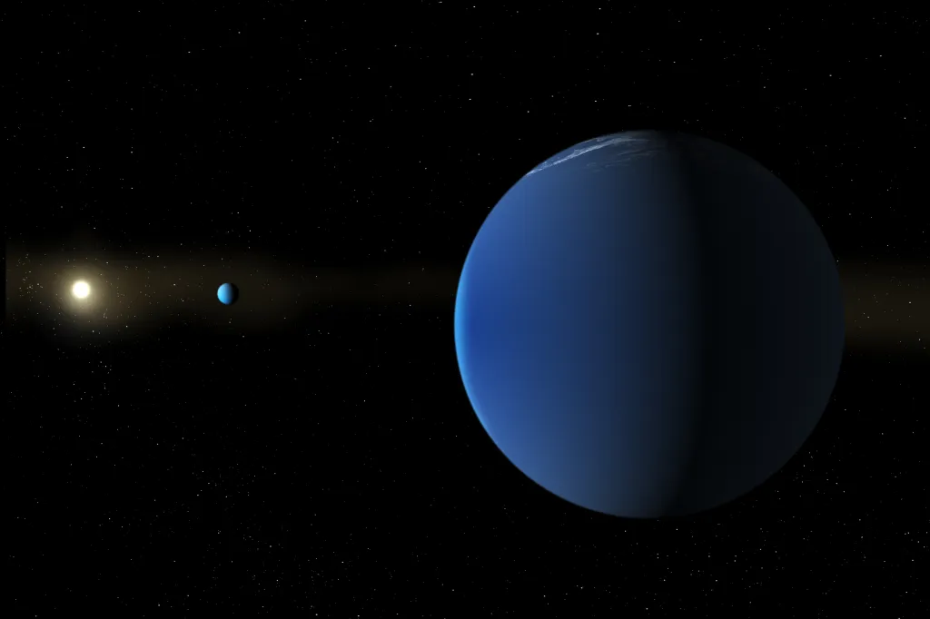 An illustration depicting Sun-like star TOI-791 and two giant planets that were discovered by NASA's TESS space telescope.