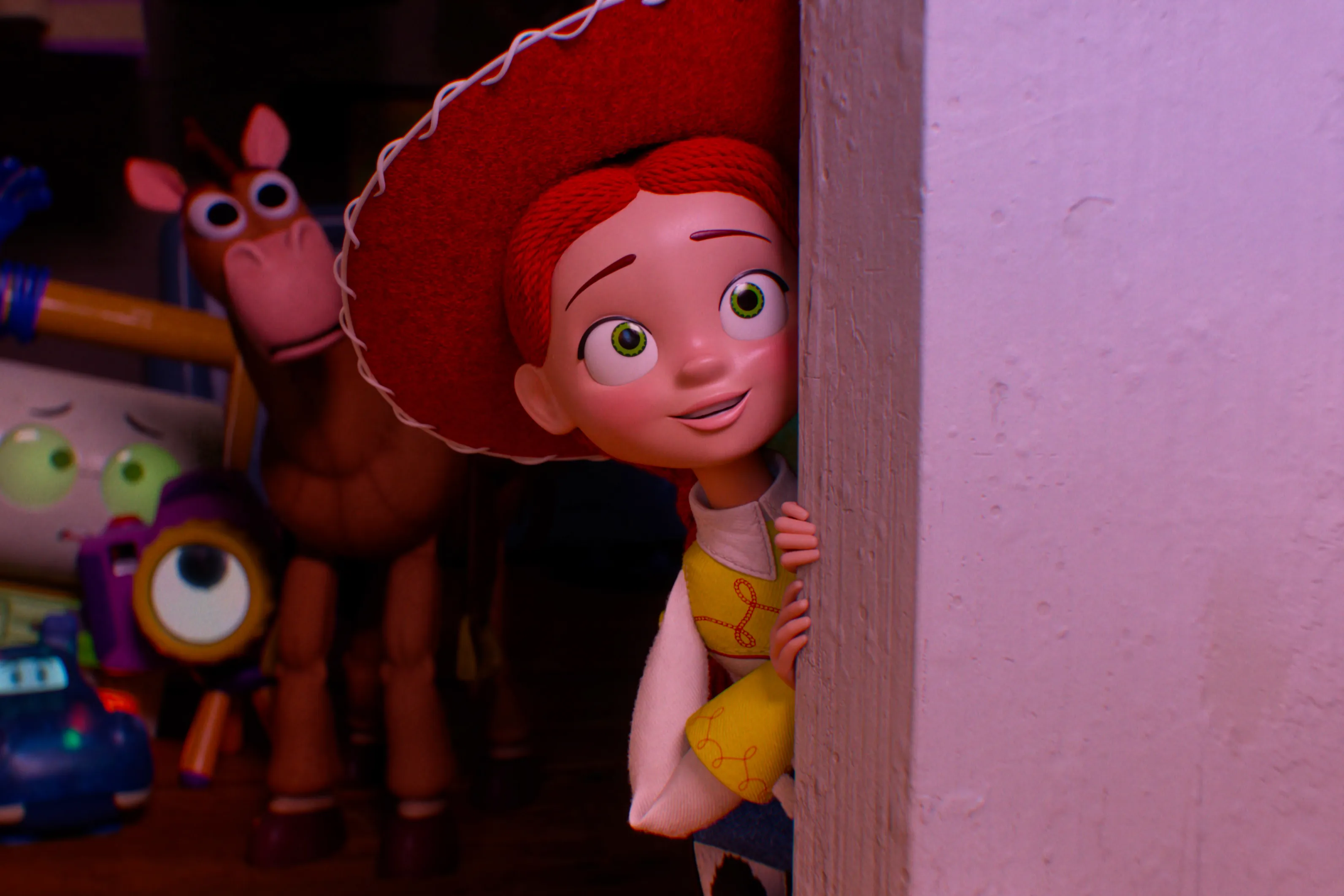 Illustration of Jessie from Toy Story, peeking out from behind a door.